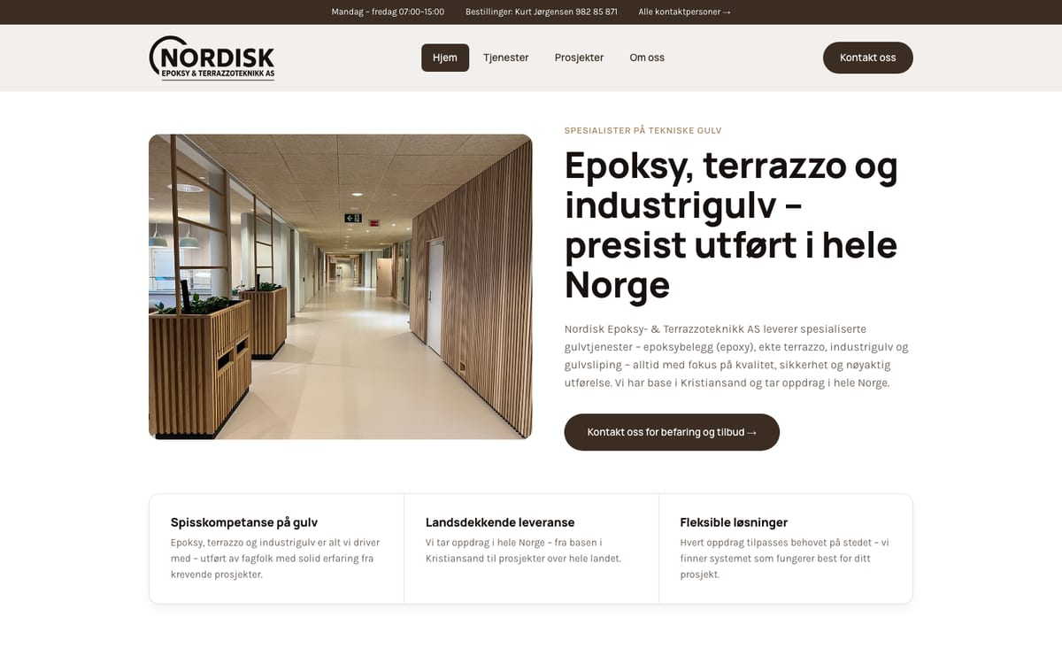 Skjermbilde av nordiskepoksyteknikk.no — spesialister på epoksy, terrazzo og industrigulv